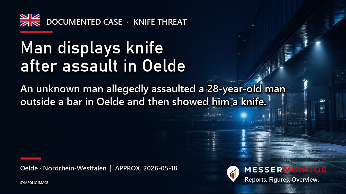 Title image: Man displays knife after assault in Oelde. An unknown man allegedly assaulted a 28-year-old man outside a bar in Oelde and then showed him a knife..