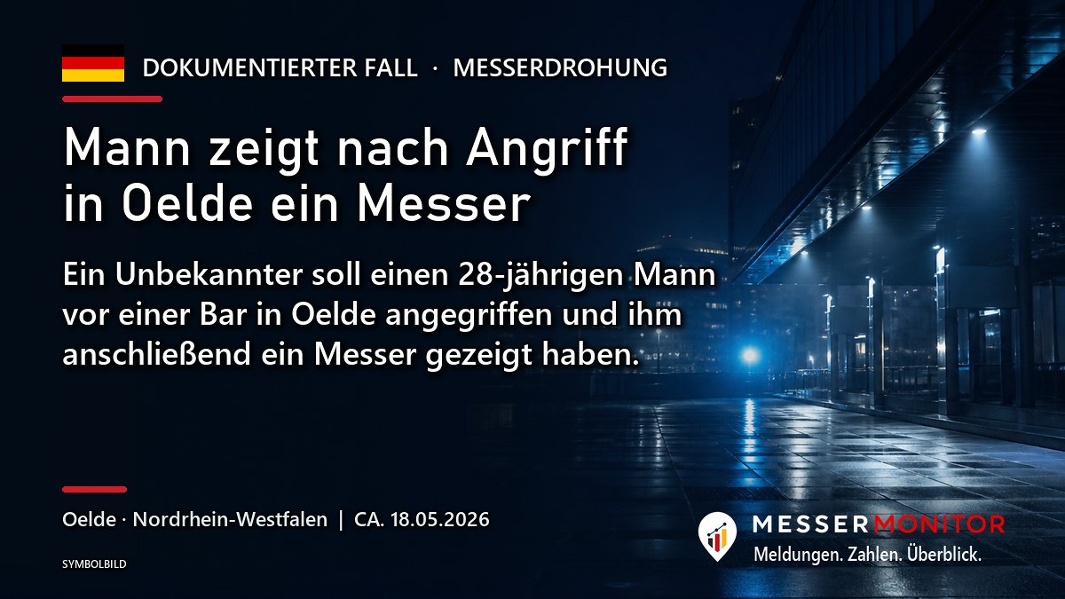 Titelgrafik: Mann zeigt nach Angriff in Oelde ein Messer. Ein Unbekannter soll einen 28-jährigen Mann vor einer Bar in Oelde angegriffen und ihm anschließend ein Messer gezeigt haben..
