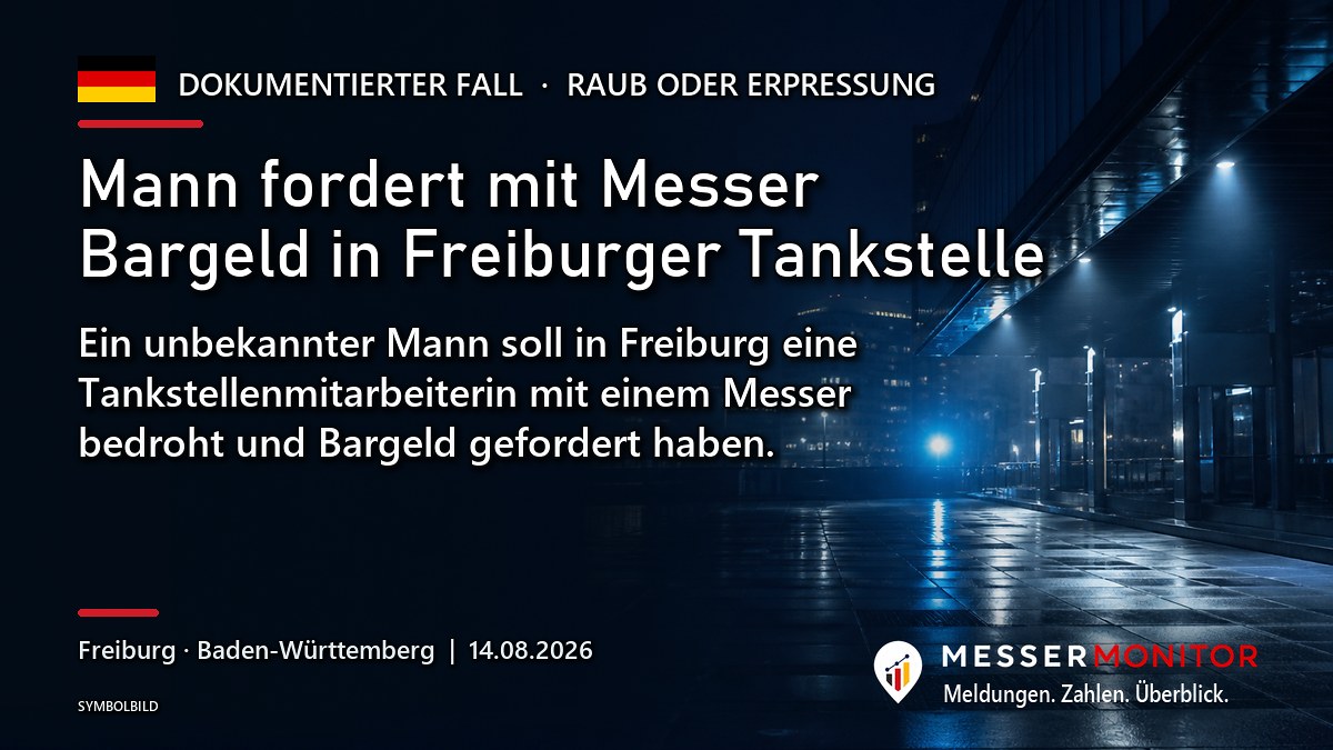 Titelgrafik: Mann fordert mit Messer Bargeld in Freiburger Tankstelle. Ein unbekannter Mann soll in Freiburg eine Tankstellenmitarbeiterin mit einem Messer bedroht und Bargeld gefordert haben..