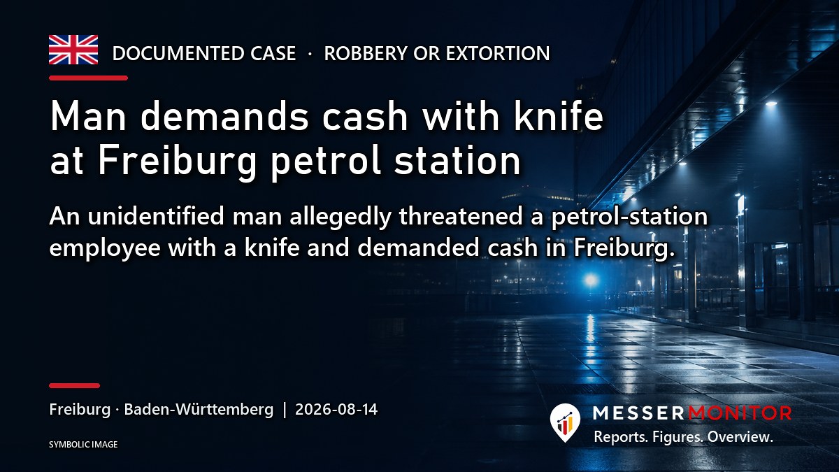 Title image: Man demands cash with knife at Freiburg petrol station. An unidentified man allegedly threatened a petrol-station employee with a knife and demanded cash in Freiburg..