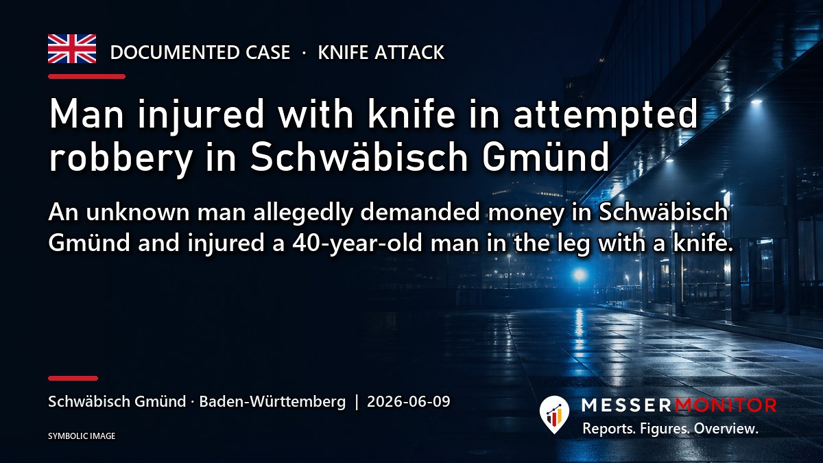 Title image: Man injured with knife in attempted robbery in Schwäbisch Gmünd. An unknown man allegedly demanded money in Schwäbisch Gmünd and injured a 40-year-old man in the leg with a knife..