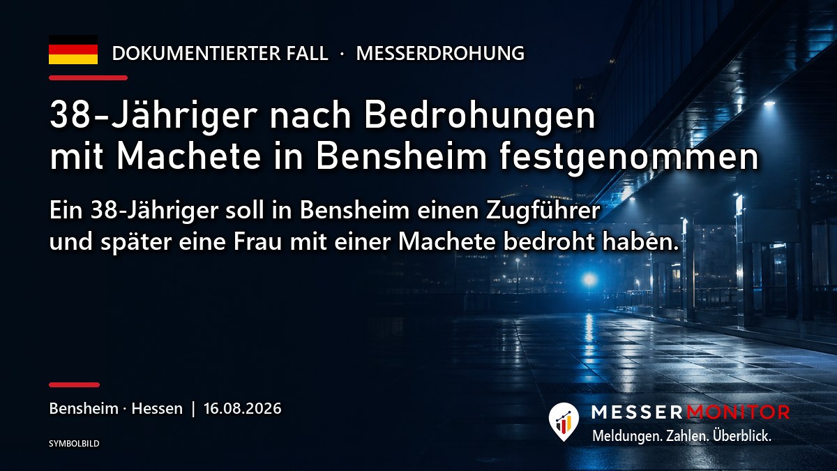 Titelgrafik: 38-Jähriger nach Bedrohungen mit Machete in Bensheim festgenommen. Ein 38-Jähriger soll in Bensheim einen Zugführer und später eine Frau mit einer Machete bedroht haben..