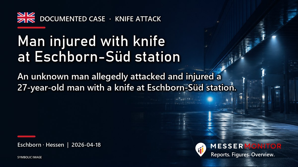 Title image: Man injured with knife at Eschborn-Süd station. An unknown man allegedly attacked and injured a 27-year-old man with a knife at Eschborn-Süd station..