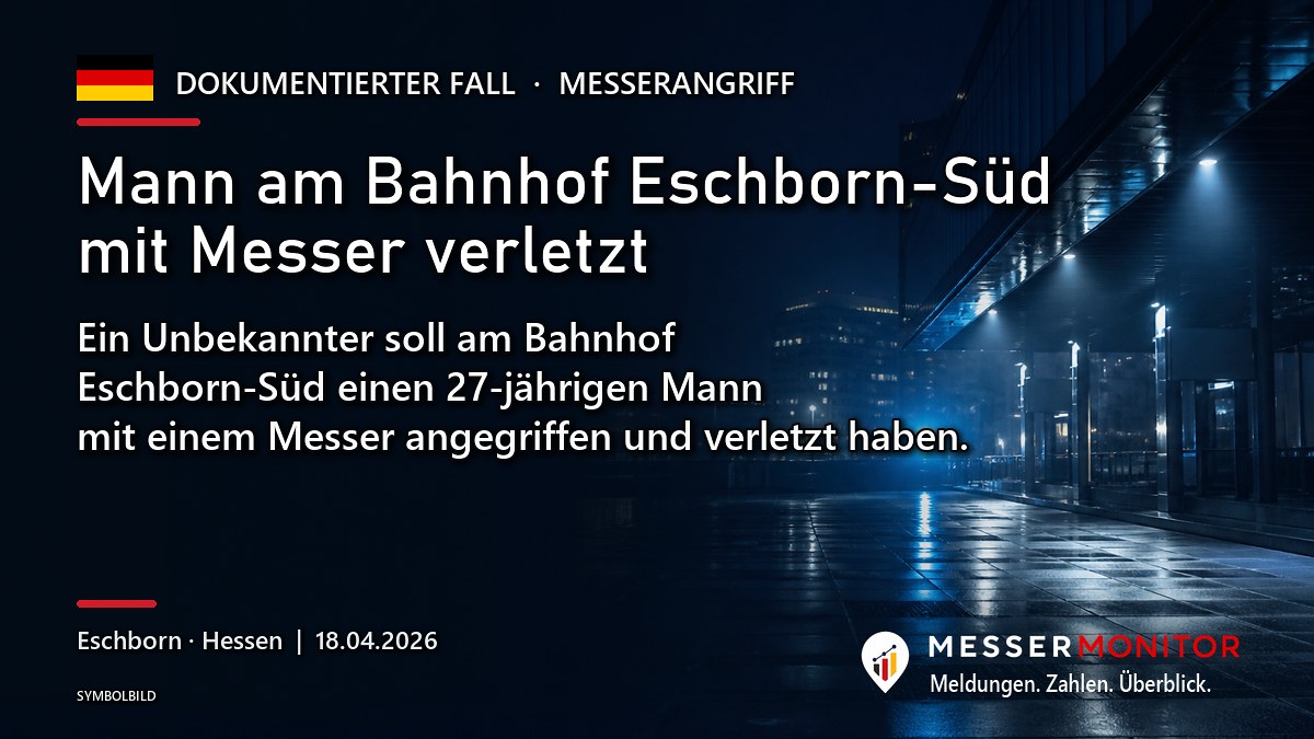 Titelgrafik: Mann am Bahnhof Eschborn-Süd mit Messer verletzt. Ein Unbekannter soll am Bahnhof Eschborn-Süd einen 27-jährigen Mann mit einem Messer angegriffen und verletzt haben..