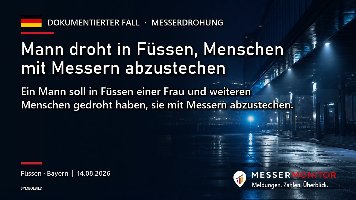 Titelgrafik: Mann droht in Füssen, Menschen mit Messern abzustechen. Ein Mann soll in Füssen einer Frau und weiteren Menschen gedroht haben, sie mit Messern abzustechen..