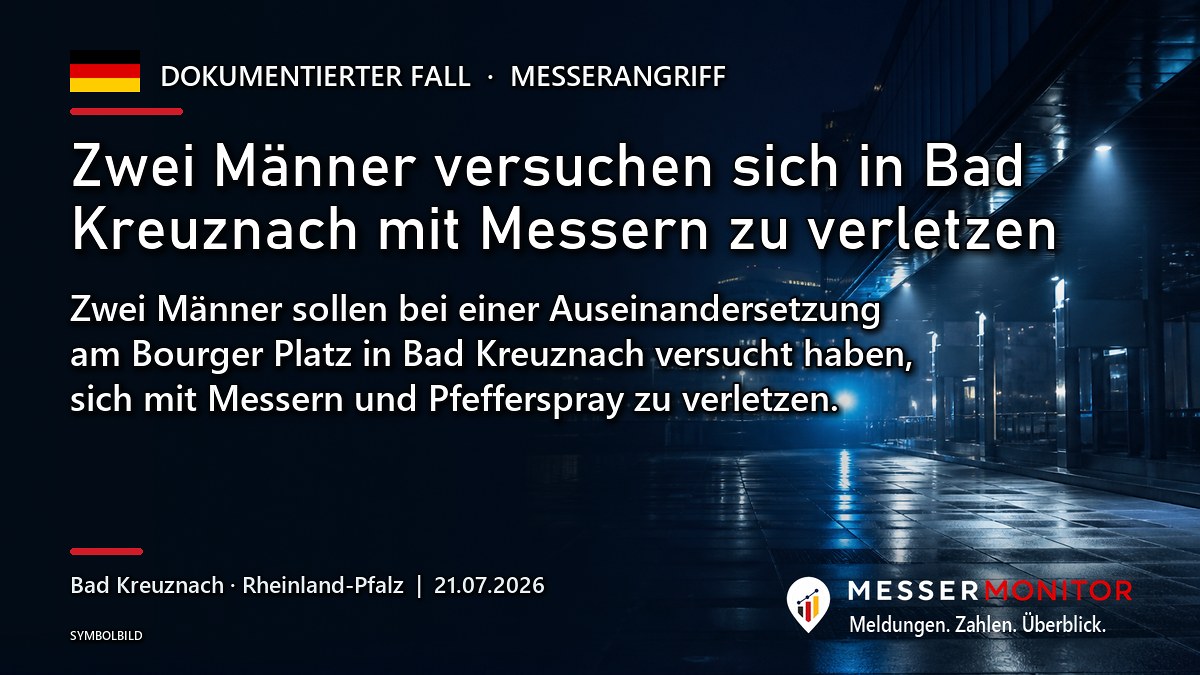 Titelgrafik: Zwei Männer versuchen sich in Bad Kreuznach mit Messern zu verletzen. Zwei Männer sollen bei einer Auseinandersetzung am Bourger Platz in Bad Kreuznach versucht haben, sich mit Messern und Pfefferspray zu verletzen..