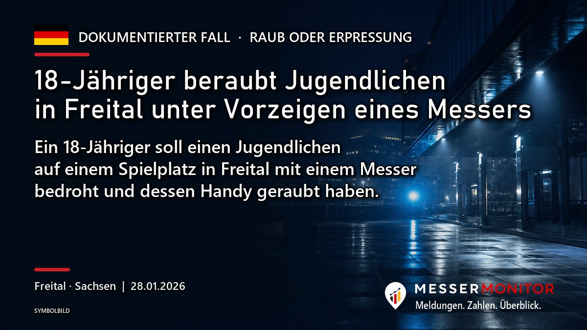 Titelgrafik: 18-Jähriger beraubt Jugendlichen in Freital unter Vorzeigen eines Messers. Ein 18-Jähriger soll einen Jugendlichen auf einem Spielplatz in Freital mit einem Messer bedroht und dessen Handy geraubt haben..