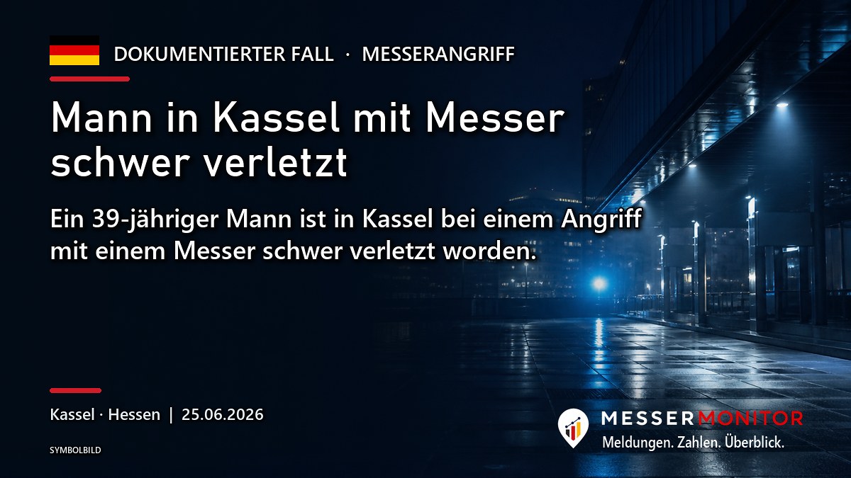 Titelgrafik: Mann in Kassel mit Messer schwer verletzt. Ein 39-jähriger Mann ist in Kassel bei einem Angriff mit einem Messer schwer verletzt worden..