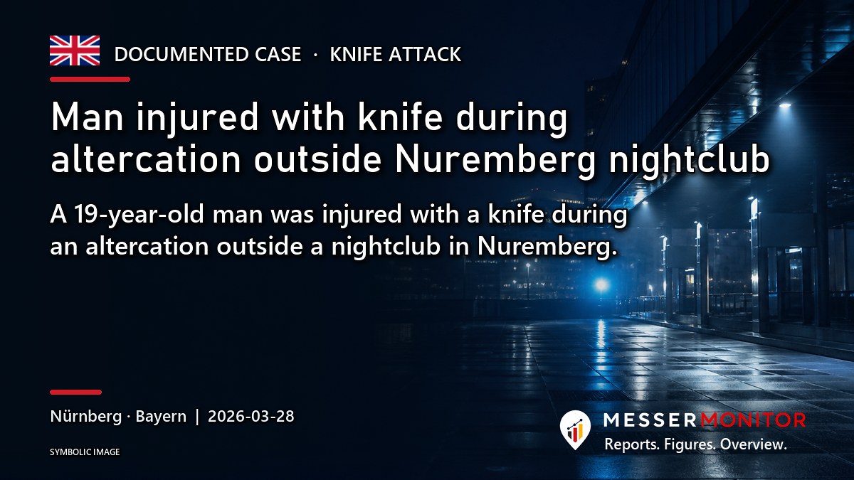 Title image: Man injured with knife during altercation outside Nuremberg nightclub. A 19-year-old man was injured with a knife during an altercation outside a nightclub in Nuremberg..