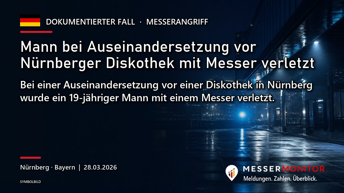 Titelgrafik: Mann bei Auseinandersetzung vor Nürnberger Diskothek mit Messer verletzt. Bei einer Auseinandersetzung vor einer Diskothek in Nürnberg wurde ein 19-jähriger Mann mit einem Messer verletzt..