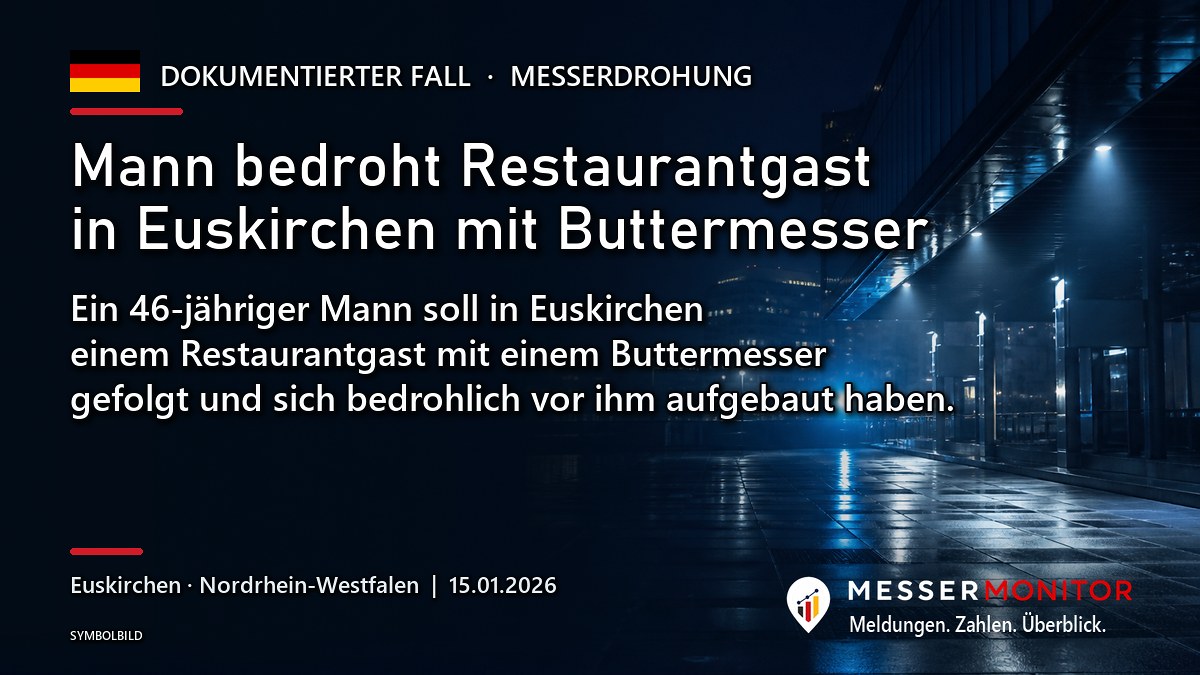 Titelgrafik: Mann bedroht Restaurantgast in Euskirchen mit Buttermesser. Ein 46-jähriger Mann soll in Euskirchen einem Restaurantgast mit einem Buttermesser gefolgt und sich bedrohlich vor ihm aufgebaut haben..
