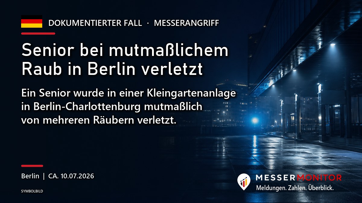 Titelgrafik: Senior bei mutmaßlichem Raub in Berlin verletzt. Ein Senior wurde in einer Kleingartenanlage in Berlin-Charlottenburg mutmaßlich von mehreren Räubern verletzt..