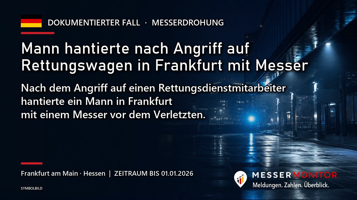 Titelgrafik: Mann hantierte nach Angriff auf Rettungswagen in Frankfurt mit Messer. Nach dem Angriff auf einen Rettungsdienstmitarbeiter hantierte ein Mann in Frankfurt mit einem Messer vor dem Verletzten..