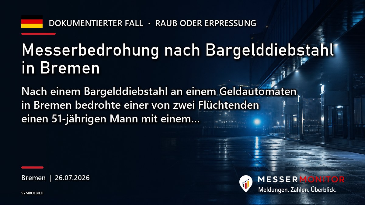 Titelgrafik: Messerbedrohung nach Bargelddiebstahl in Bremen. Nach einem Bargelddiebstahl an einem Geldautomaten in Bremen bedrohte einer von zwei Flüchtenden einen 51-jährigen Mann mit einem….