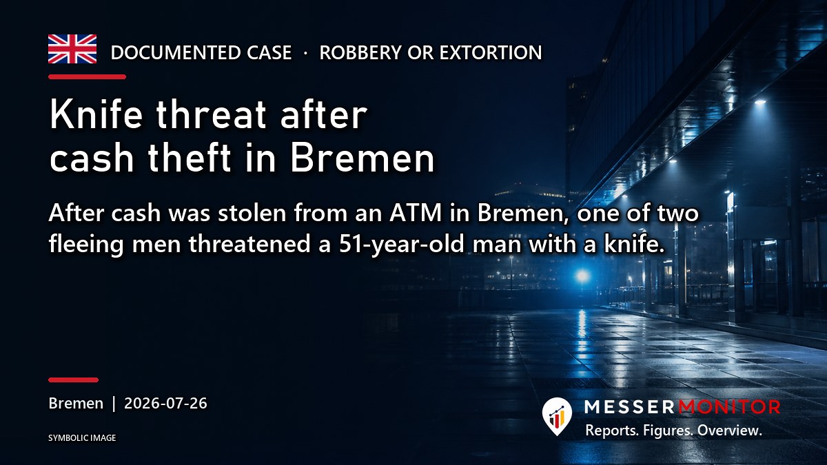 Title image: Knife threat after cash theft in Bremen. After cash was stolen from an ATM in Bremen, one of two fleeing men threatened a 51-year-old man with a knife..
