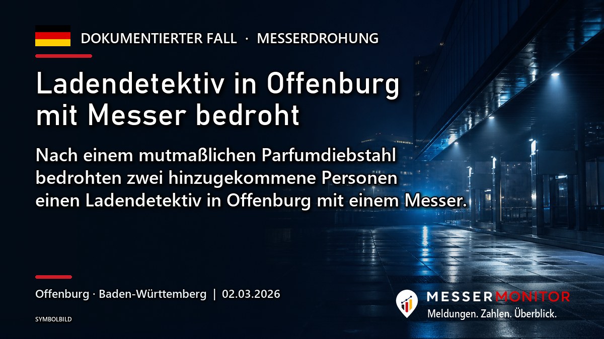 Titelgrafik: Ladendetektiv in Offenburg mit Messer bedroht. Nach einem mutmaßlichen Parfumdiebstahl bedrohten zwei hinzugekommene Personen einen Ladendetektiv in Offenburg mit einem Messer..