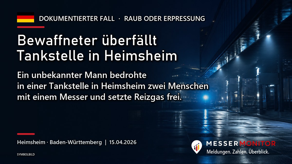 Titelgrafik: Bewaffneter überfällt Tankstelle in Heimsheim. Ein unbekannter Mann bedrohte in einer Tankstelle in Heimsheim zwei Menschen mit einem Messer und setzte Reizgas frei..