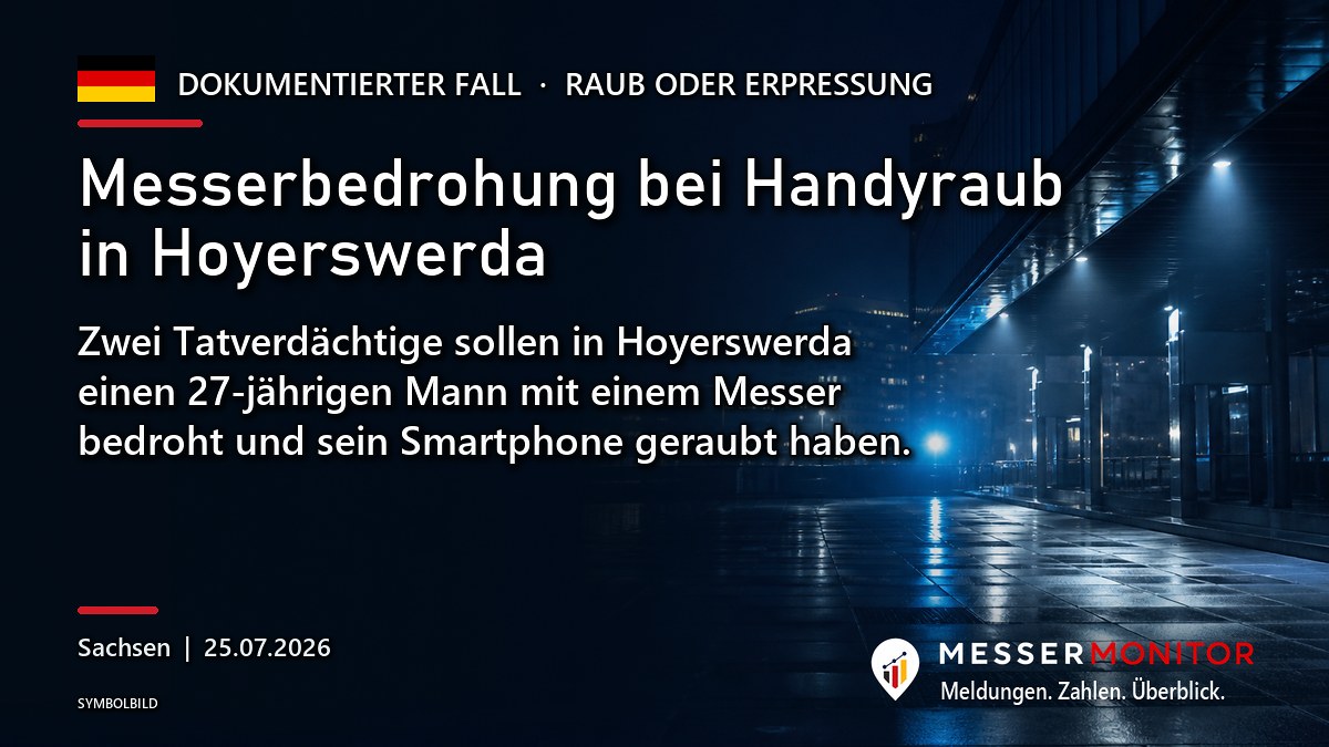 Titelgrafik: Messerbedrohung bei Handyraub in Hoyerswerda. Zwei Tatverdächtige sollen in Hoyerswerda einen 27-jährigen Mann mit einem Messer bedroht und sein Smartphone geraubt haben..