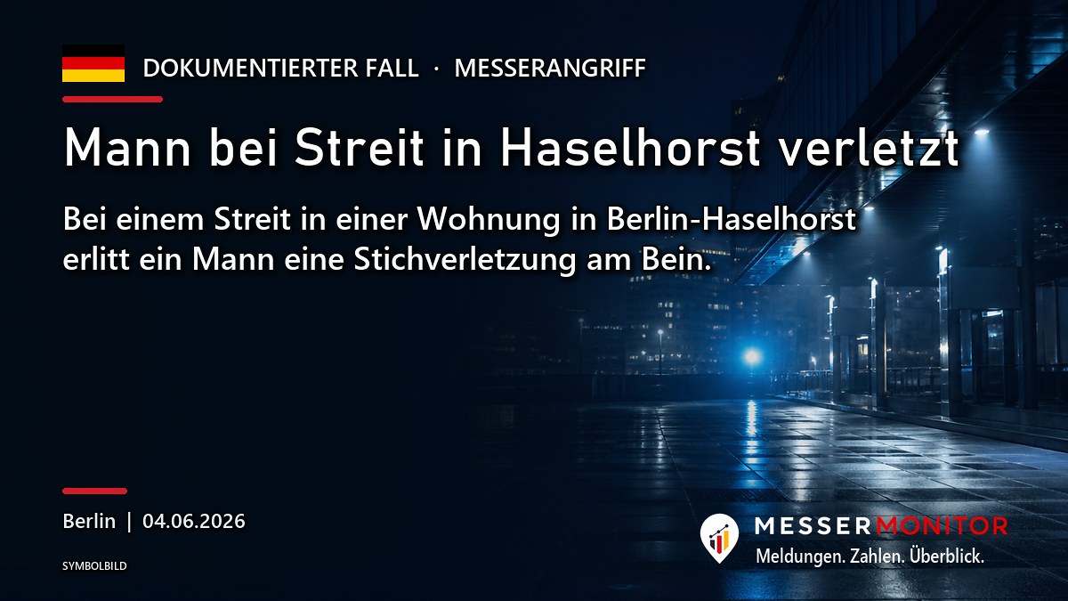 Titelgrafik: Mann bei Streit in Haselhorst verletzt. Bei einem Streit in einer Wohnung in Berlin-Haselhorst erlitt ein Mann eine Stichverletzung am Bein..