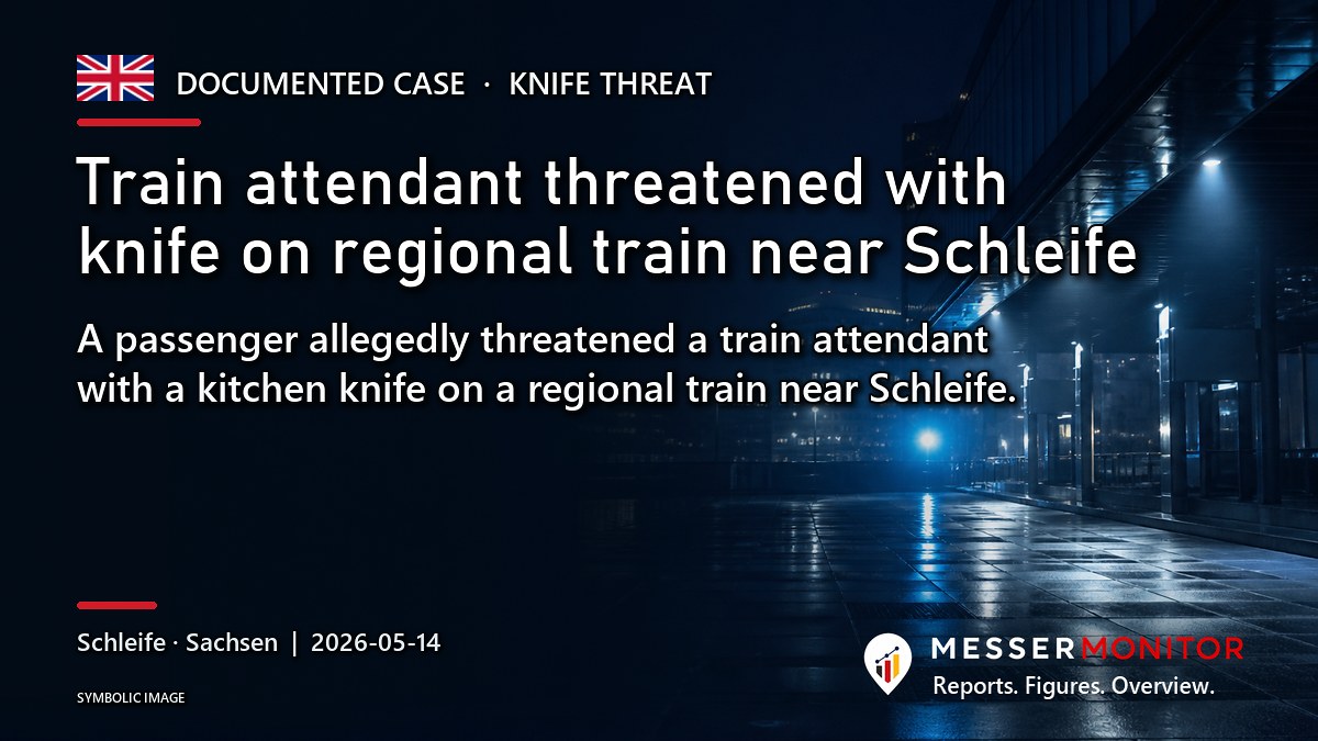 Title image: Train attendant threatened with knife on regional train near Schleife. A passenger allegedly threatened a train attendant with a kitchen knife on a regional train near Schleife..