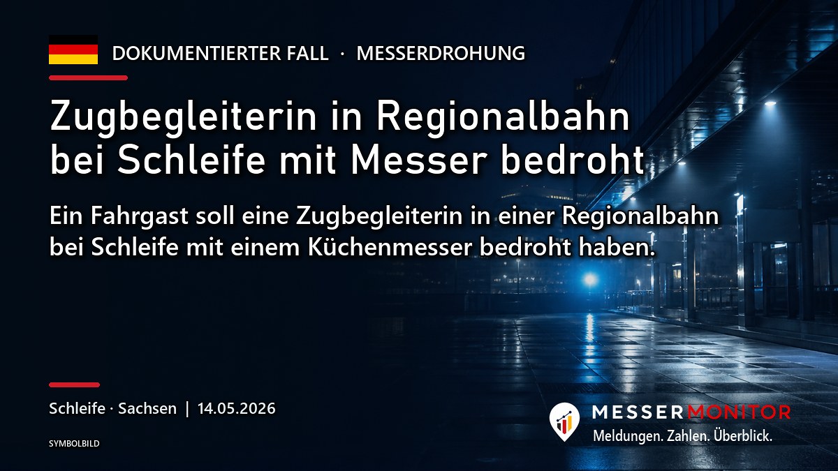 Titelgrafik: Zugbegleiterin in Regionalbahn bei Schleife mit Messer bedroht. Ein Fahrgast soll eine Zugbegleiterin in einer Regionalbahn bei Schleife mit einem Küchenmesser bedroht haben..