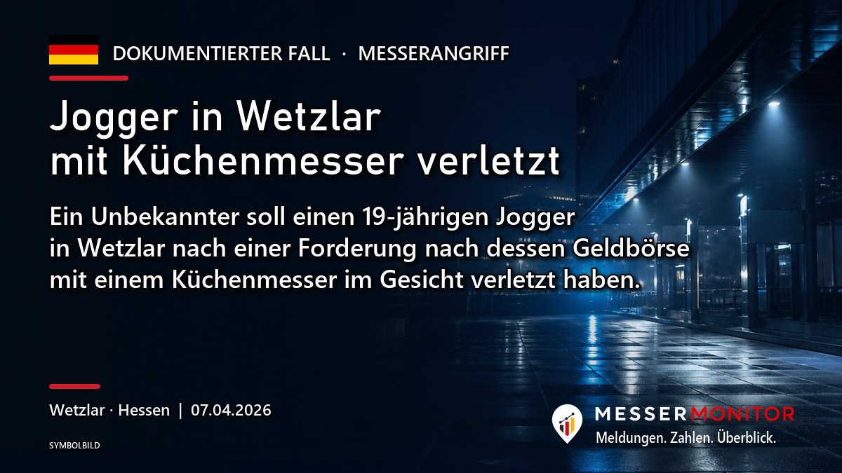 Titelgrafik: Jogger in Wetzlar mit Küchenmesser verletzt. Ein Unbekannter soll einen 19-jährigen Jogger in Wetzlar nach einer Forderung nach dessen Geldbörse mit einem Küchenmesser im Gesicht verletzt haben..
