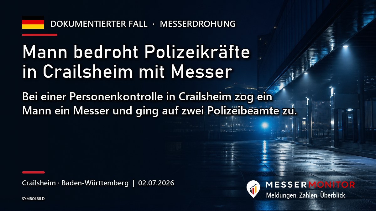 Titelgrafik: Mann bedroht Polizeikräfte in Crailsheim mit Messer. Bei einer Personenkontrolle in Crailsheim zog ein Mann ein Messer und ging auf zwei Polizeibeamte zu..