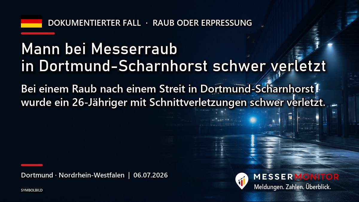 Titelgrafik: Mann bei Messerraub in Dortmund-Scharnhorst schwer verletzt. Bei einem Raub nach einem Streit in Dortmund-Scharnhorst wurde ein 26-Jähriger mit Schnittverletzungen schwer verletzt..