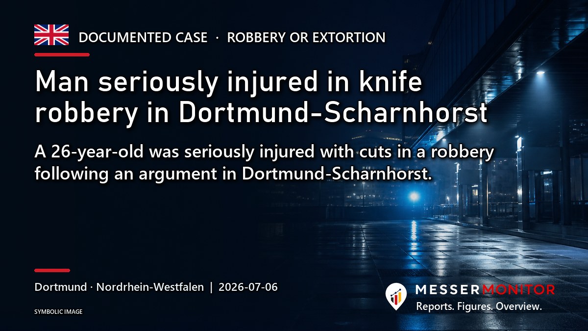 Title image: Man seriously injured in knife robbery in Dortmund-Scharnhorst. A 26-year-old was seriously injured with cuts in a robbery following an argument in Dortmund-Scharnhorst..