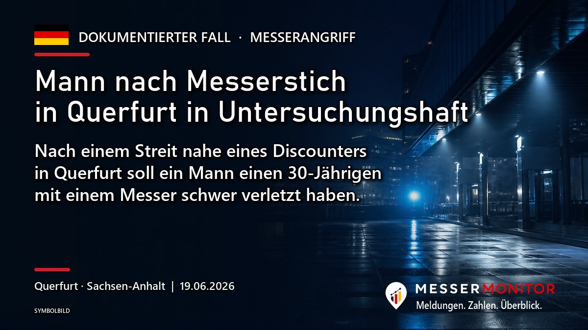 Titelgrafik: Mann nach Messerstich in Querfurt in Untersuchungshaft. Nach einem Streit nahe eines Discounters in Querfurt soll ein Mann einen 30-Jährigen mit einem Messer schwer verletzt haben..