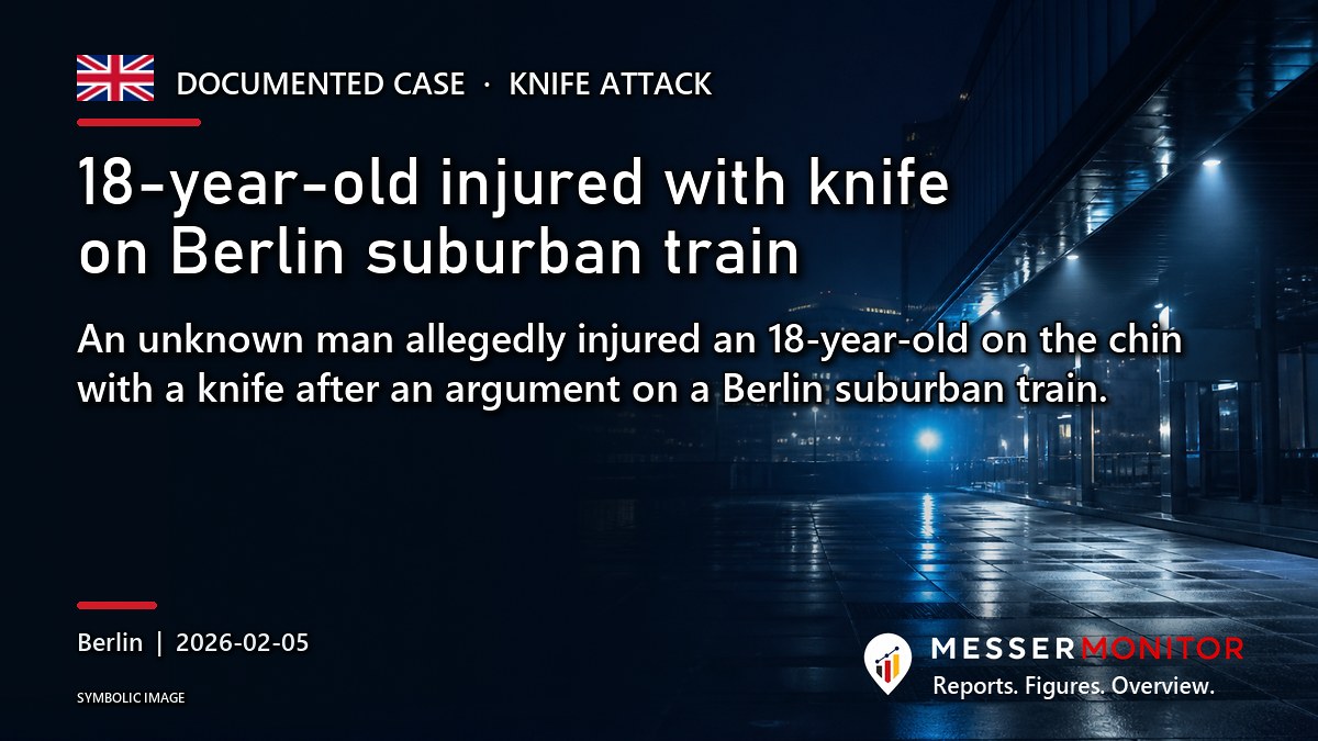 Title image: 18-year-old injured with knife on Berlin suburban train. An unknown man allegedly injured an 18-year-old on the chin with a knife after an argument on a Berlin suburban train..