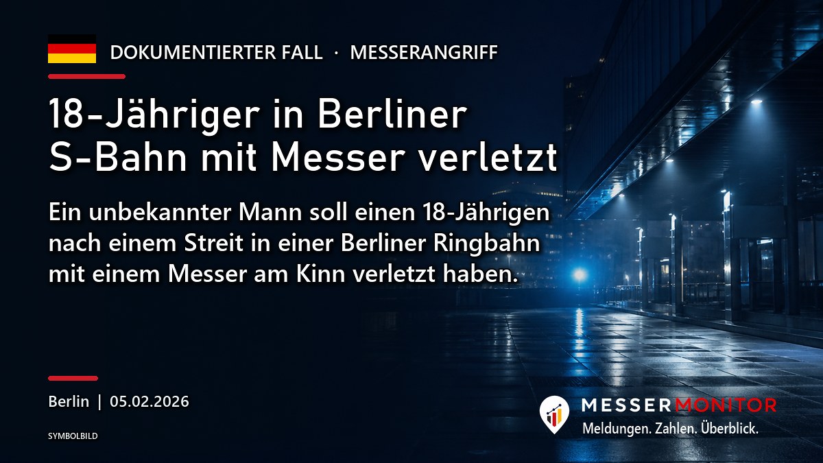 Titelgrafik: 18-Jähriger in Berliner S-Bahn mit Messer verletzt. Ein unbekannter Mann soll einen 18-Jährigen nach einem Streit in einer Berliner Ringbahn mit einem Messer am Kinn verletzt haben..
