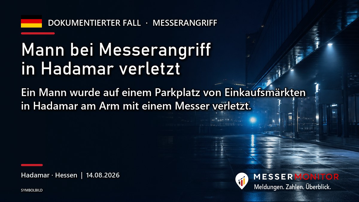 Titelgrafik: Mann bei Messerangriff in Hadamar verletzt. Ein Mann wurde auf einem Parkplatz von Einkaufsmärkten in Hadamar am Arm mit einem Messer verletzt..