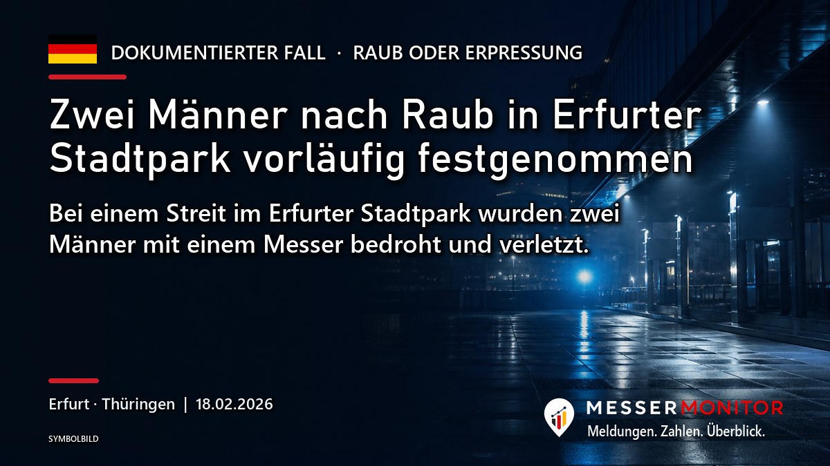 Titelgrafik: Zwei Männer nach Raub in Erfurter Stadtpark vorläufig festgenommen. Bei einem Streit im Erfurter Stadtpark wurden zwei Männer mit einem Messer bedroht und verletzt..