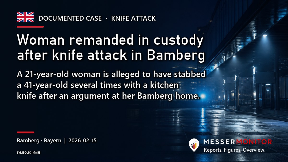 Title image: Woman remanded in custody after knife attack in Bamberg. A 21-year-old woman is alleged to have stabbed a 41-year-old several times with a kitchen knife after an argument at her Bamberg home..