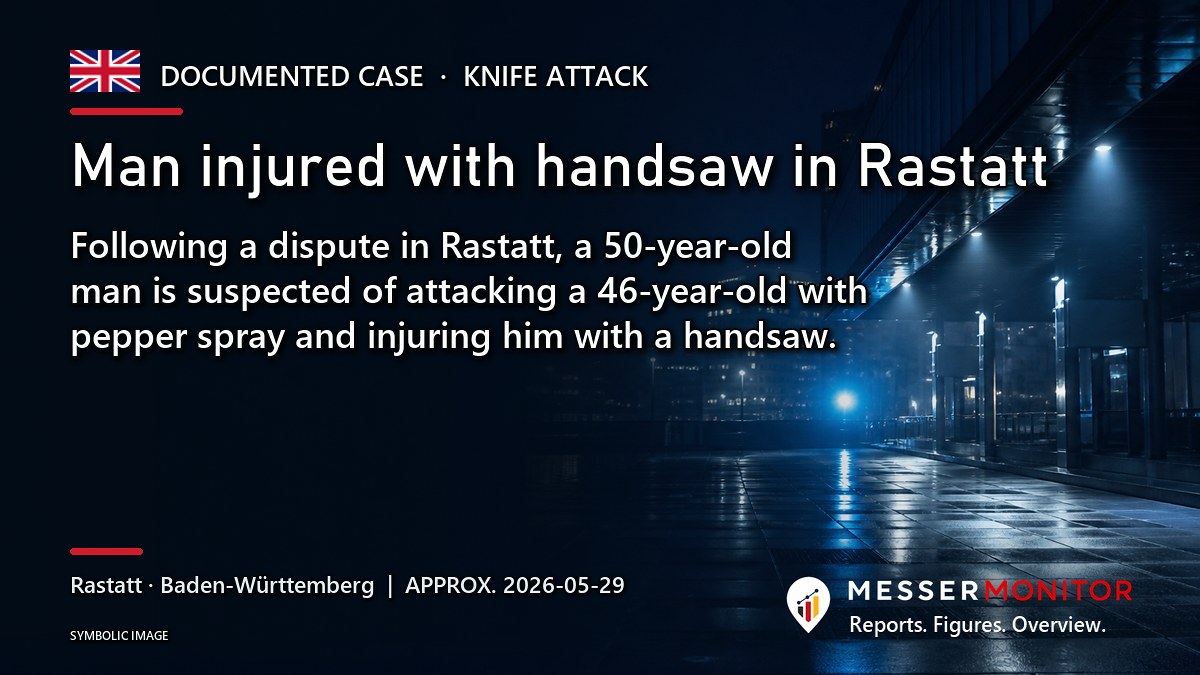 Title image: Man injured with handsaw in Rastatt. Following a dispute in Rastatt, a 50-year-old man is suspected of attacking a 46-year-old with pepper spray and injuring him with a handsaw..