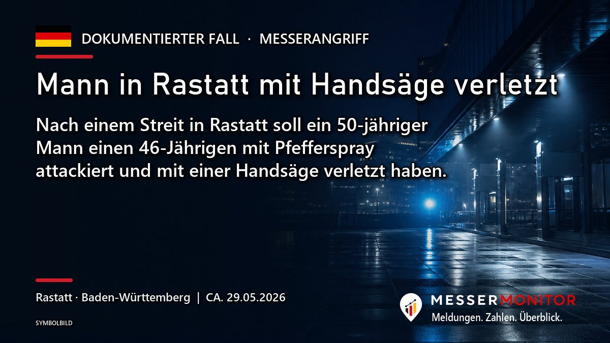 Titelgrafik: Mann in Rastatt mit Handsäge verletzt. Nach einem Streit in Rastatt soll ein 50-jähriger Mann einen 46-Jährigen mit Pfefferspray attackiert und mit einer Handsäge verletzt haben..