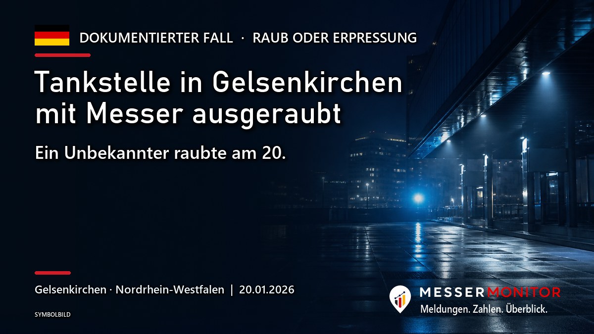 Titelgrafik: Tankstelle in Gelsenkirchen mit Messer ausgeraubt. Ein Unbekannter raubte am 20..