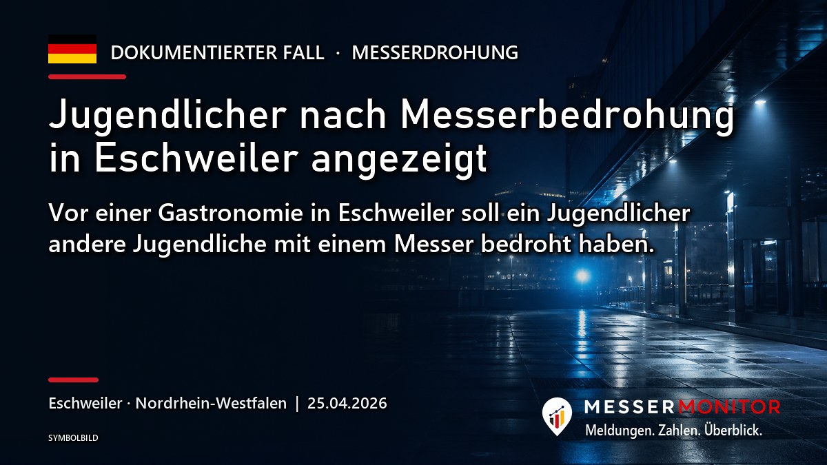 Titelgrafik: Jugendlicher nach Messerbedrohung in Eschweiler angezeigt. Vor einer Gastronomie in Eschweiler soll ein Jugendlicher andere Jugendliche mit einem Messer bedroht haben..