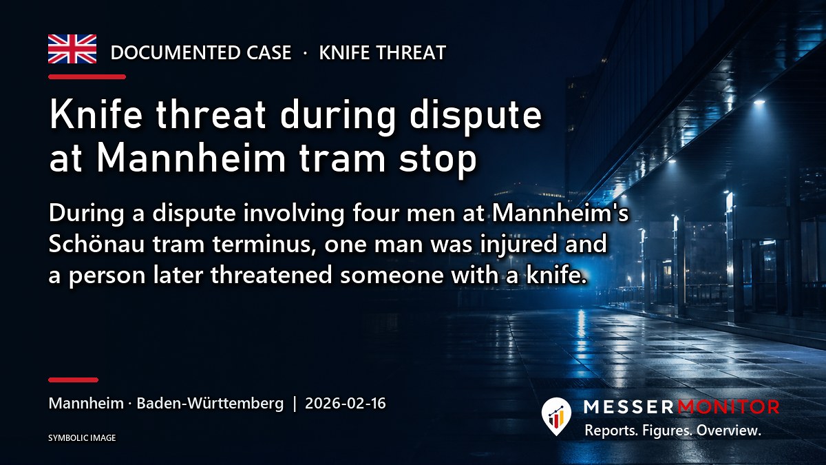 Title image: Knife threat during dispute at Mannheim tram stop. During a dispute involving four men at Mannheim's Schönau tram terminus, one man was injured and a person later threatened someone with a knife..