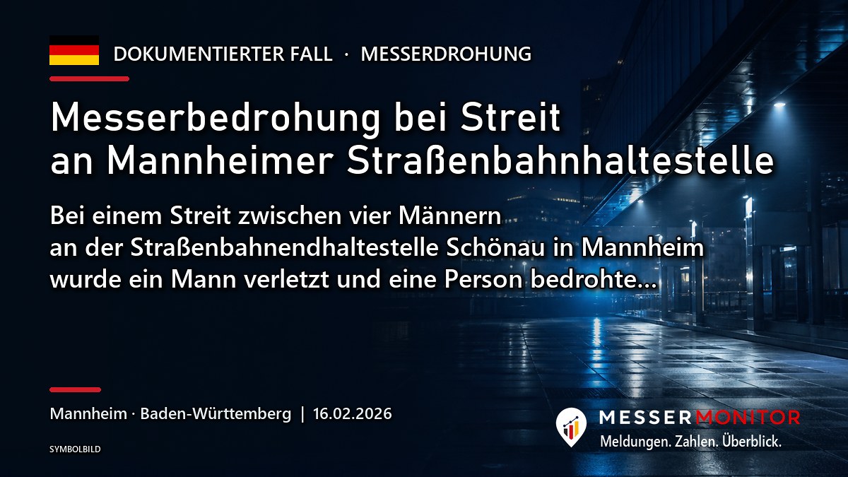 Titelgrafik: Messerbedrohung bei Streit an Mannheimer Straßenbahnhaltestelle. Bei einem Streit zwischen vier Männern an der Straßenbahnendhaltestelle Schönau in Mannheim wurde ein Mann verletzt und eine Person bedrohte….