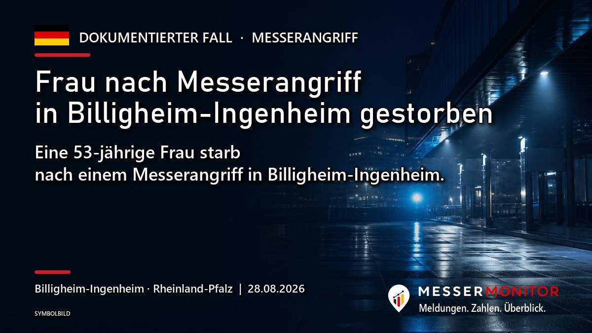 Titelgrafik: Frau nach Messerangriff in Billigheim-Ingenheim gestorben. Eine 53-jährige Frau starb nach einem Messerangriff in Billigheim-Ingenheim..