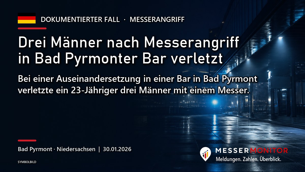 Titelgrafik: Drei Männer nach Messerangriff in Bad Pyrmonter Bar verletzt. Bei einer Auseinandersetzung in einer Bar in Bad Pyrmont verletzte ein 23-Jähriger drei Männer mit einem Messer..