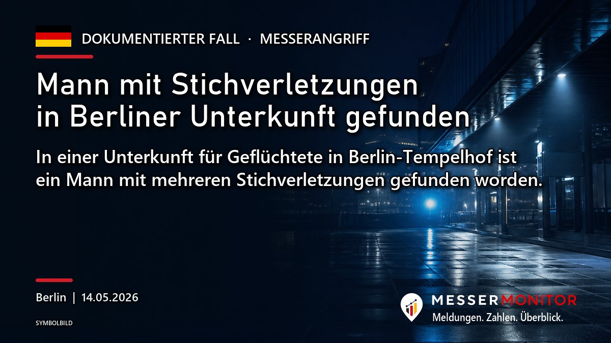 Titelgrafik: Mann mit Stichverletzungen in Berliner Unterkunft gefunden. In einer Unterkunft für Geflüchtete in Berlin-Tempelhof ist ein Mann mit mehreren Stichverletzungen gefunden worden..