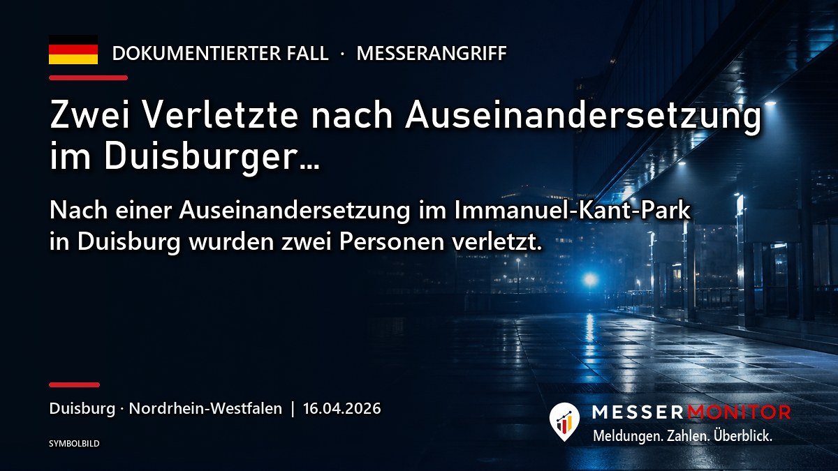 Titelgrafik: Zwei Verletzte nach Auseinandersetzung im Duisburger…. Nach einer Auseinandersetzung im Immanuel-Kant-Park in Duisburg wurden zwei Personen verletzt..