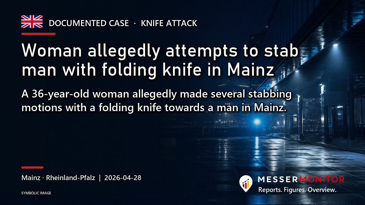 Title image: Woman allegedly attempts to stab man with folding knife in Mainz. A 36-year-old woman allegedly made several stabbing motions with a folding knife towards a man in Mainz..