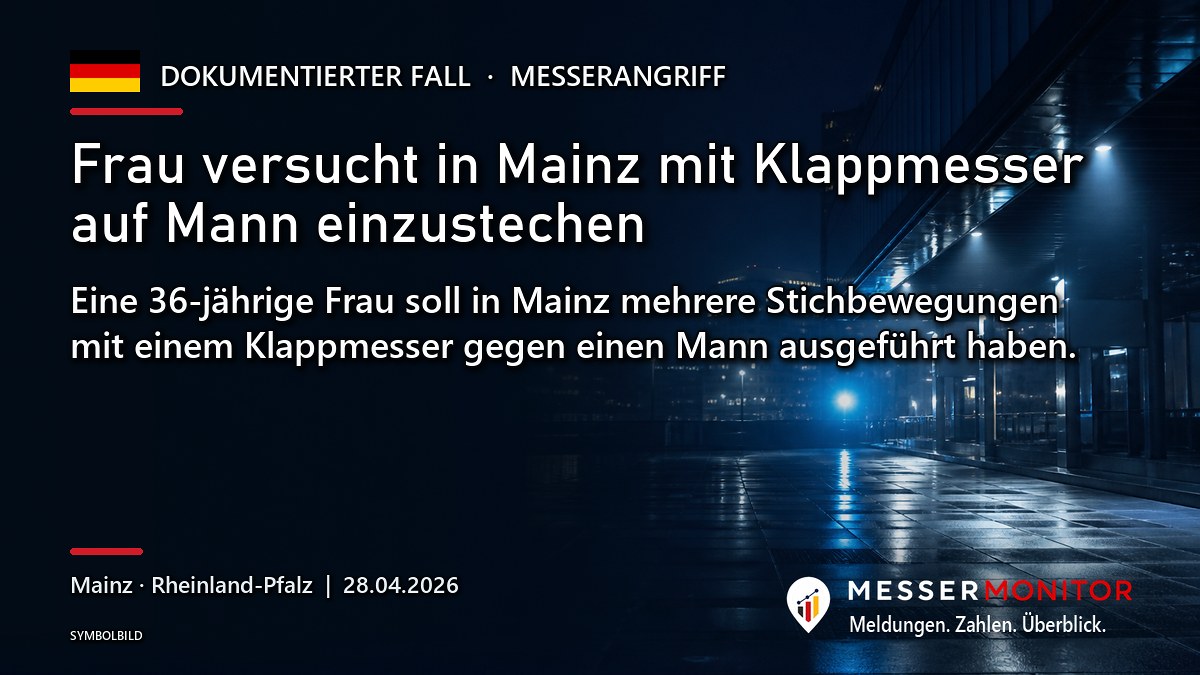 Titelgrafik: Frau versucht in Mainz mit Klappmesser auf Mann einzustechen. Eine 36-jährige Frau soll in Mainz mehrere Stichbewegungen mit einem Klappmesser gegen einen Mann ausgeführt haben..