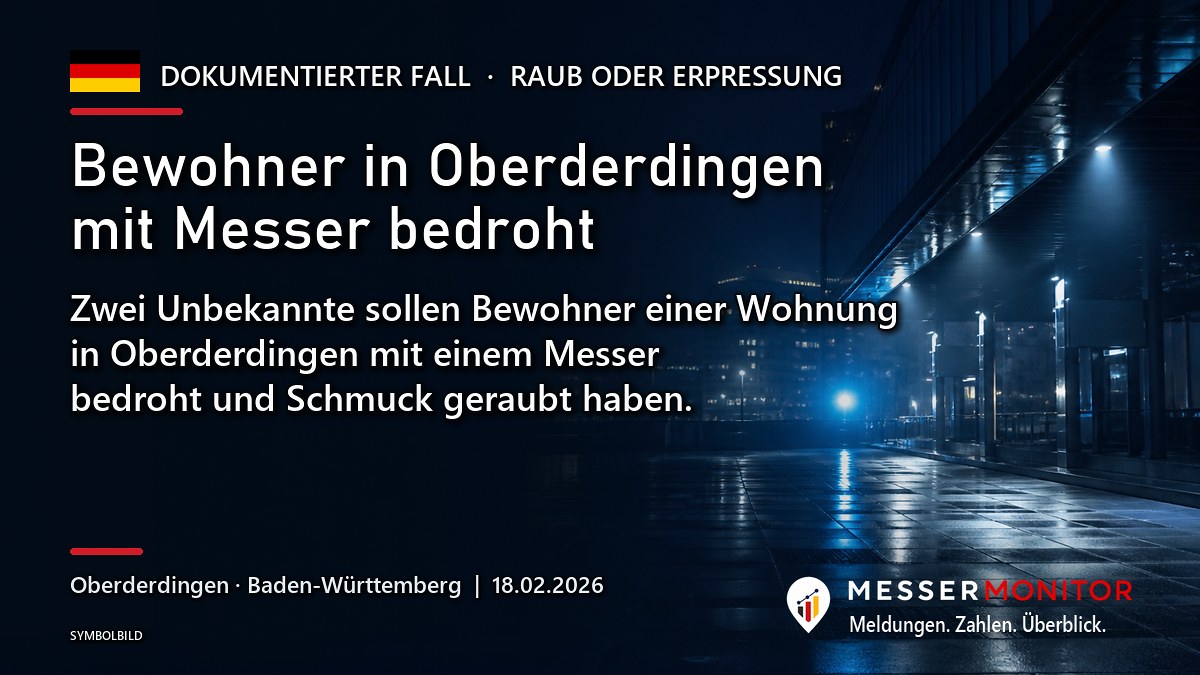 Titelgrafik: Bewohner in Oberderdingen mit Messer bedroht. Zwei Unbekannte sollen Bewohner einer Wohnung in Oberderdingen mit einem Messer bedroht und Schmuck geraubt haben..