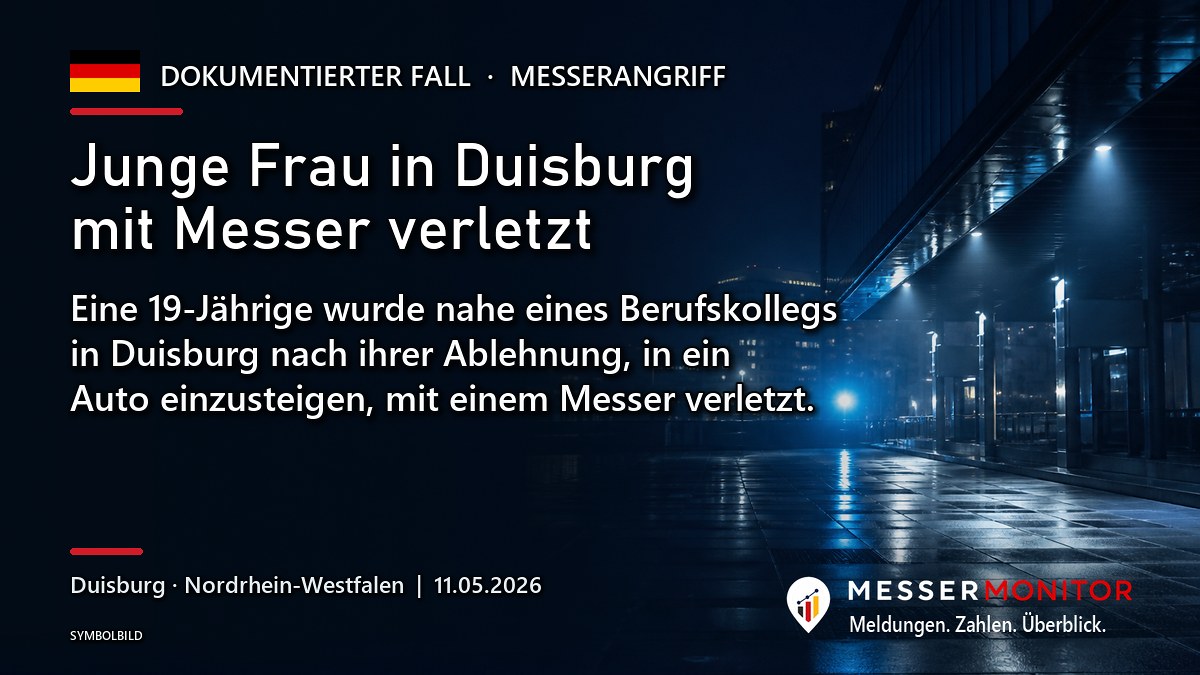 Titelgrafik: Junge Frau in Duisburg mit Messer verletzt. Eine 19-Jährige wurde nahe eines Berufskollegs in Duisburg nach ihrer Ablehnung, in ein Auto einzusteigen, mit einem Messer verletzt..