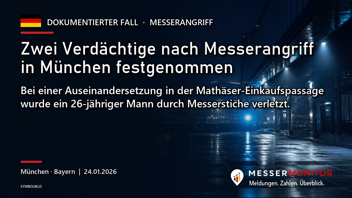 Titelgrafik: Zwei Verdächtige nach Messerangriff in München festgenommen. Bei einer Auseinandersetzung in der Mathäser-Einkaufspassage wurde ein 26-jähriger Mann durch Messerstiche verletzt..
